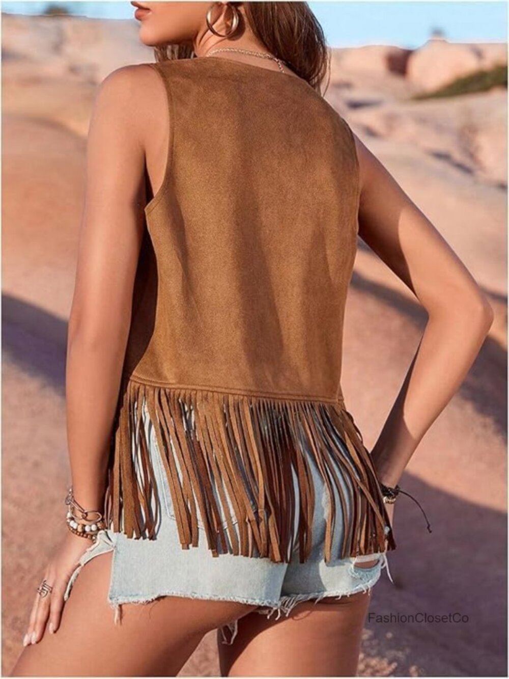 Faux Suede Fringe Vest Hippie 70s Western Cowgirl Sleeveless Cardigan Boho - Picture 3 of 6